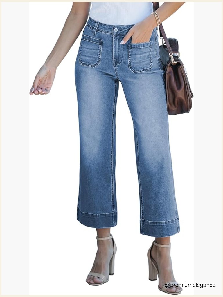 High Waisted Wide Leg Cropped Stretch Jeans With Patch Pockets